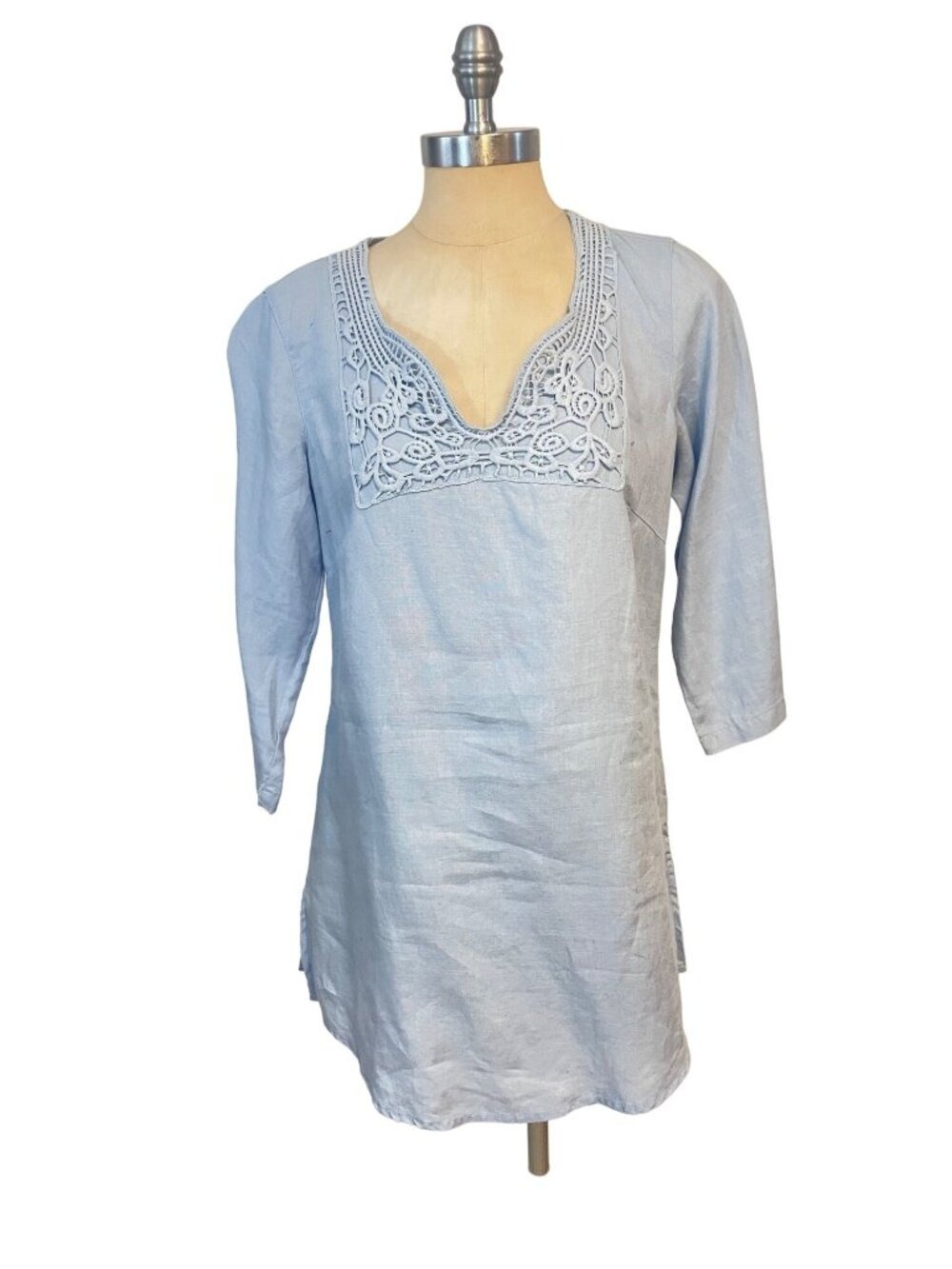Malvin I Love Linen tunic Top Blue Linen 3/4 Sleeve Medium